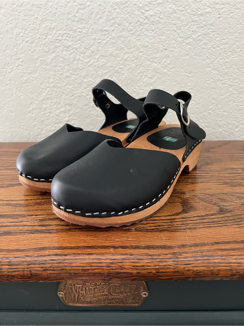 MIA Black Leather Wooden Sophia Clogs Swedish Made in Sweden Size EU 40